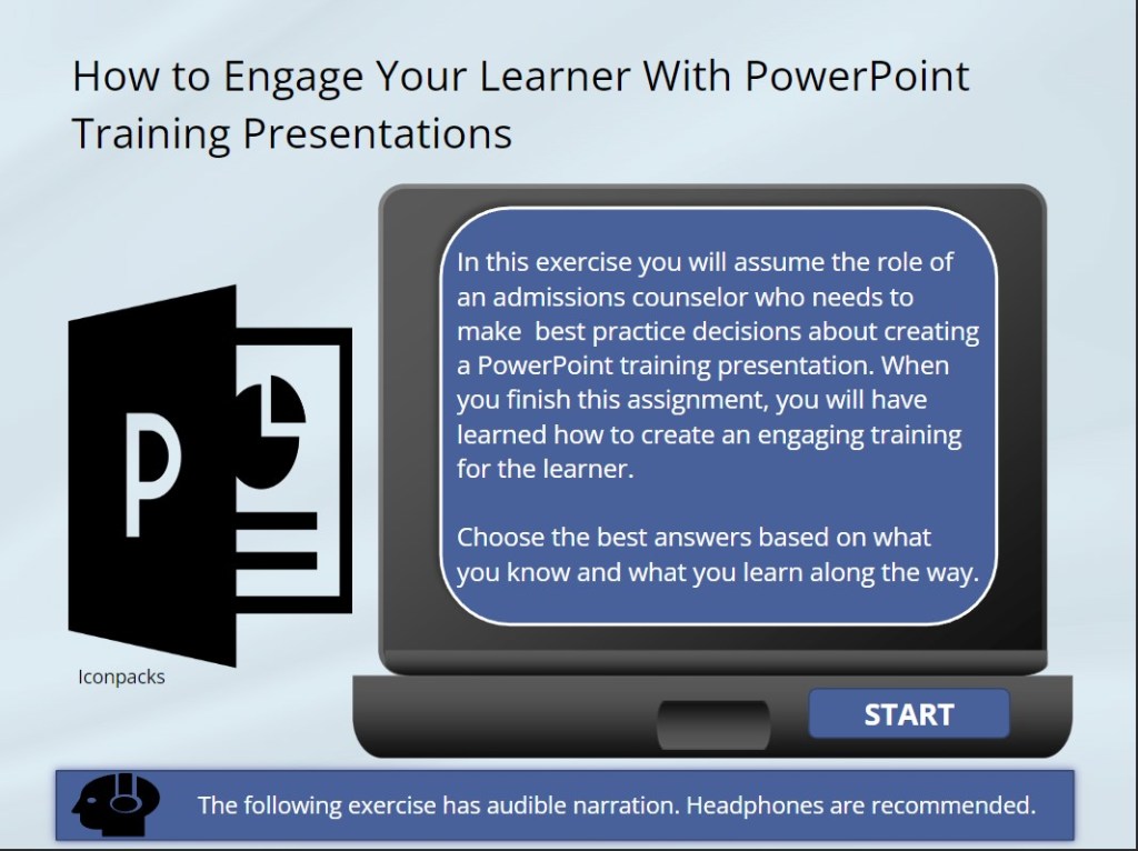 computer screen Image of start page for learning object